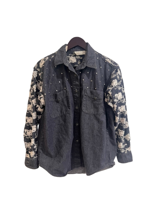 Cache Jackets & Blazers - Vintage Cache Floral Embroidered Denim Shirt Jacket S Boho Western Studded USA